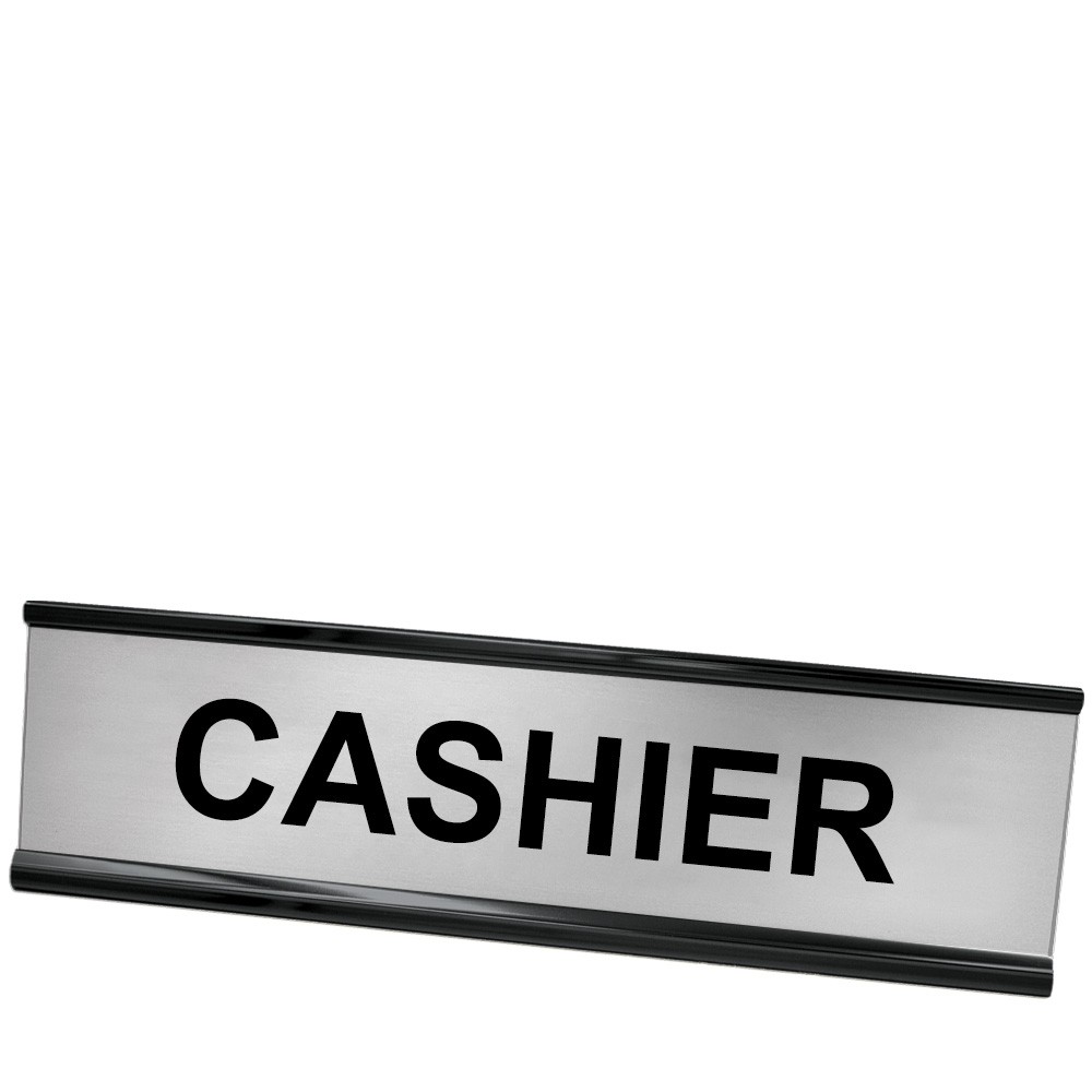 Desk Plate - Cashier - Black Frame - Silver w/ Black Text - 8W x 2H