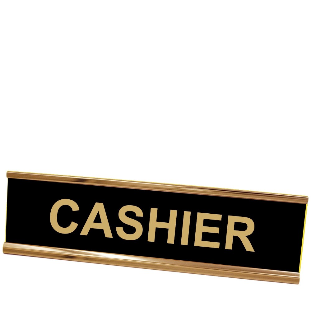 Desk Plate - Cashier - Rose Gold Frame - Black w/ Gold Text - 8W x 2H 
