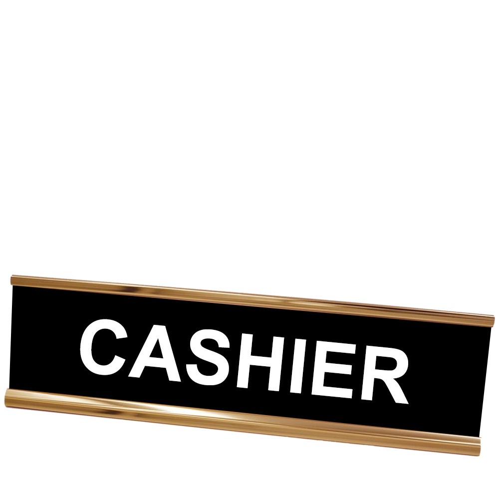 Desk Plate - Cashier - Rose Gold Frame - Black w/ White Text - 8W x 2H 