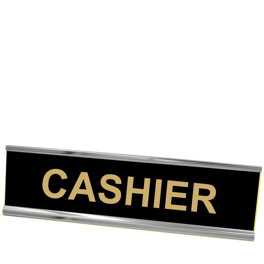 Desk Plate - Cashier - Silver Frame - Black w/ Gold Text - 8W x 2H