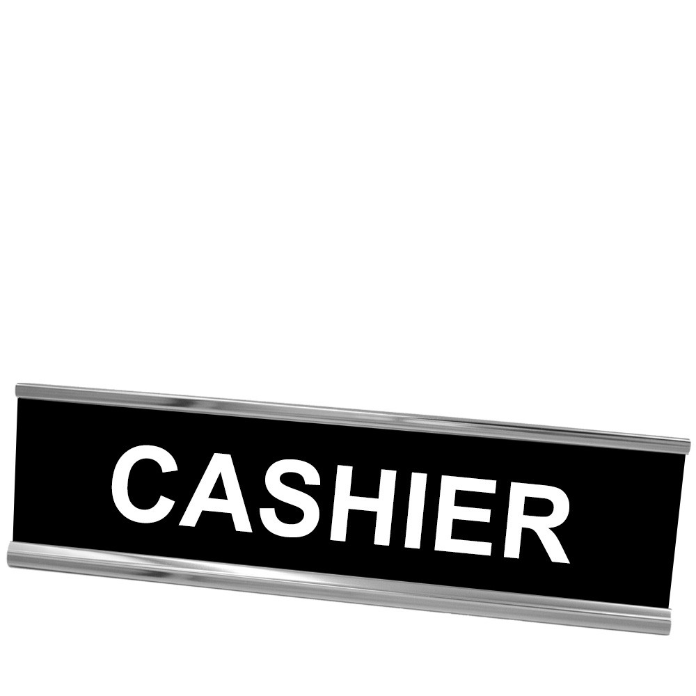 Desk Plate - Cashier - Silver Frame - Black w/ White Text - 8W x 2H 