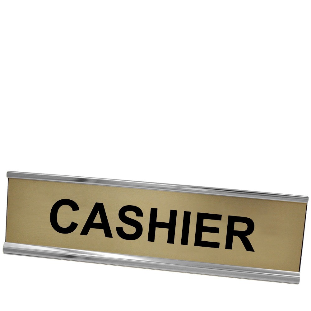 Desk Plate - Cashier - Silver Frame - Gold w/ Black Text - 8W x 2H
