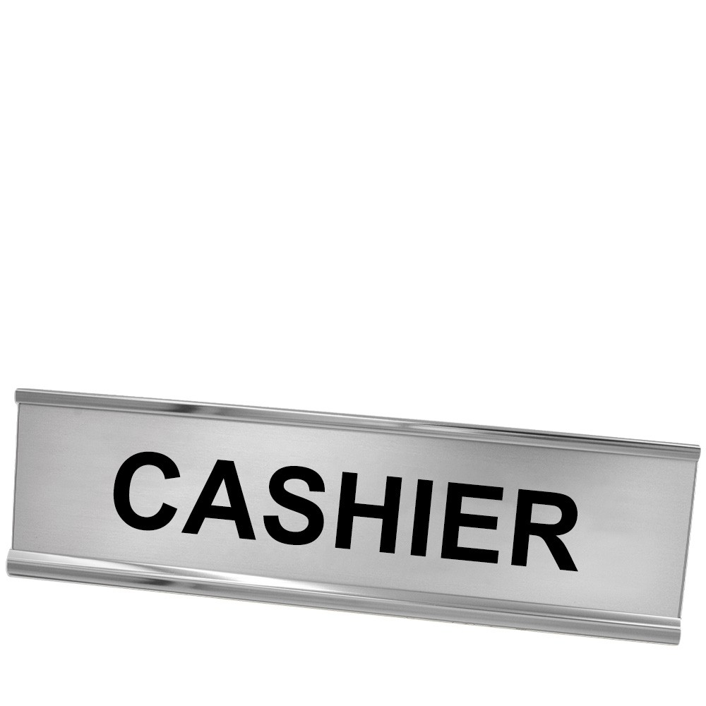 Desk Plate - Cashier - Silver Frame - Silver w/ Black Text - 8W x 2H