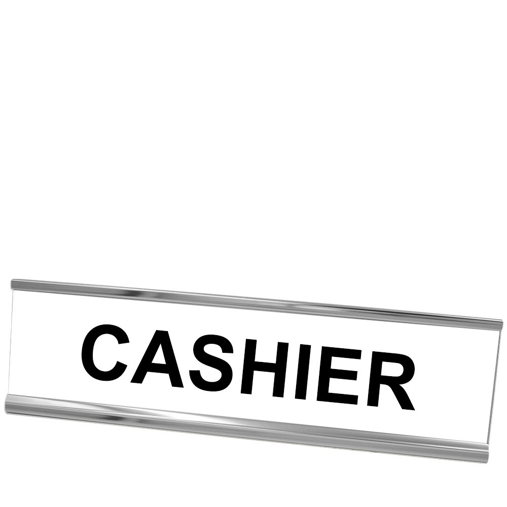 Desk Plate - Cashier - Silver Frame - White w/ Black Text - 8W x 2H