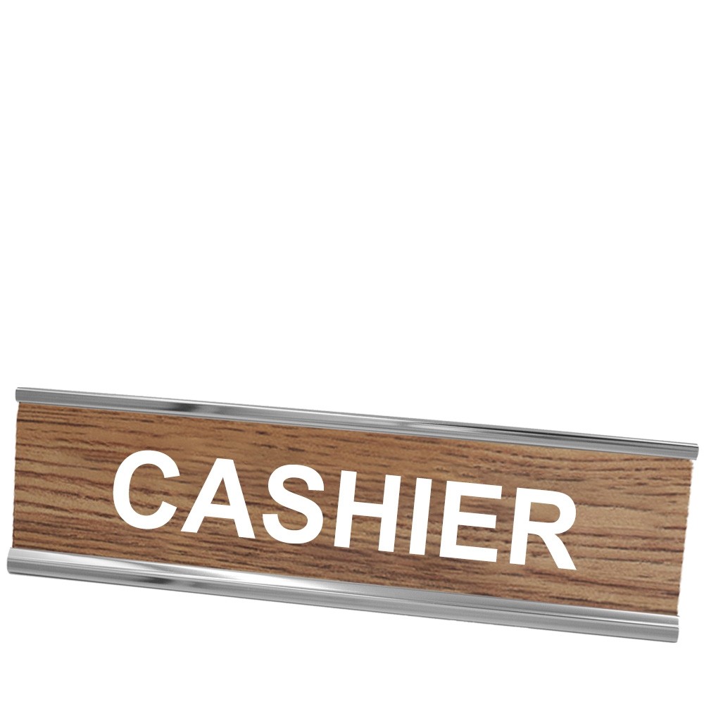 Desk Plate - Cashier - Silver Frame - Walnut w/ White Text - 8W x 2H 