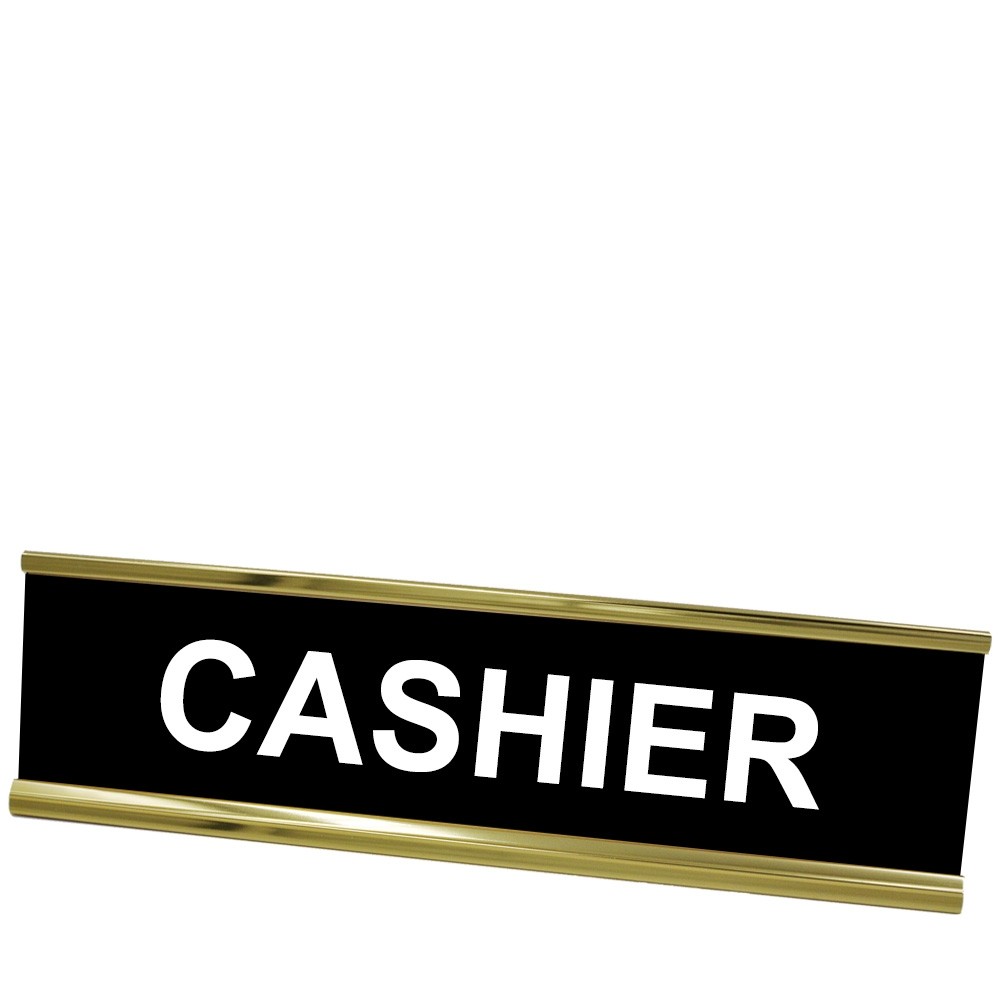Desk Plate - Cashier - Yellow Gold Frame - Black w/ White Text - 8W x 2H
