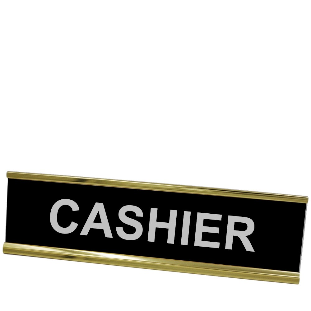 Desk Plate - Cashier - Yellow Gold Frame - Black w/ Silver Text - 8W x 2H