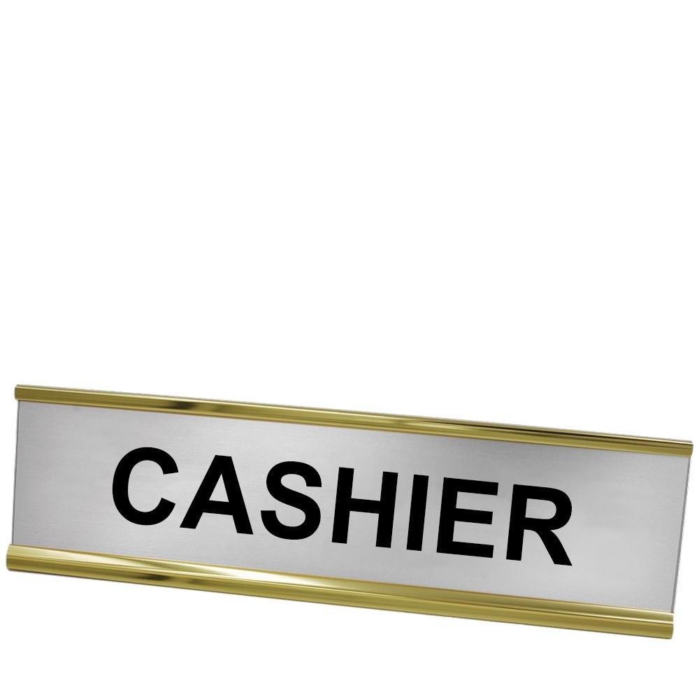 Desk Plate - Cashier - Yellow Gold Frame - Silver w/ Black Text - 8W x 2H