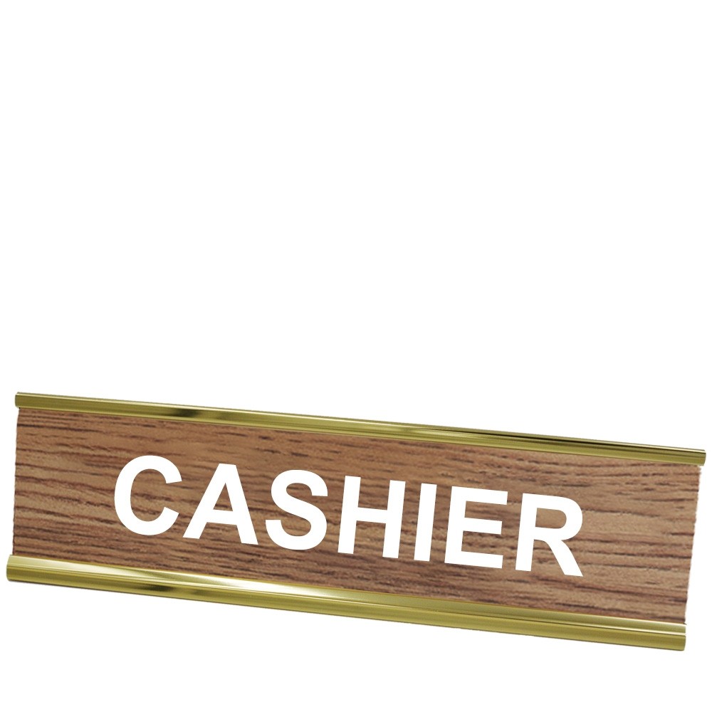 Desk Plate - Cashier - Yellow Gold Frame - Walnut w/ White Text - 8W x 2H