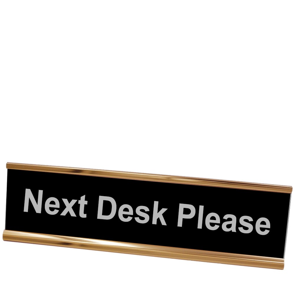 Next Desk Please Desk Plate - Rose Gold Frame - Black w/ Silver Text - 8W x 2H