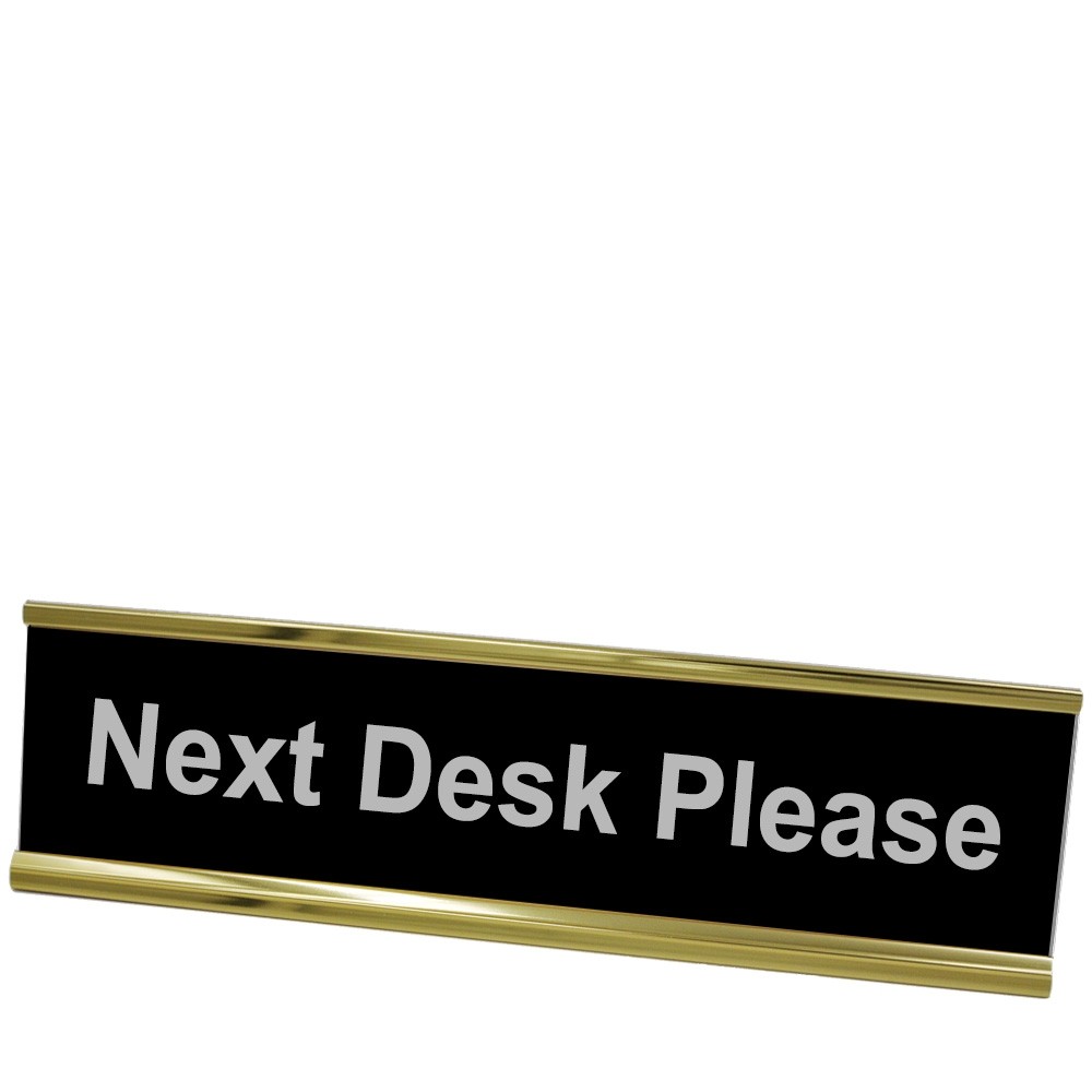 Next Desk Please Desk Plate - Yellow Gold Frame - Black w/ Silver Text - 8W x 2H