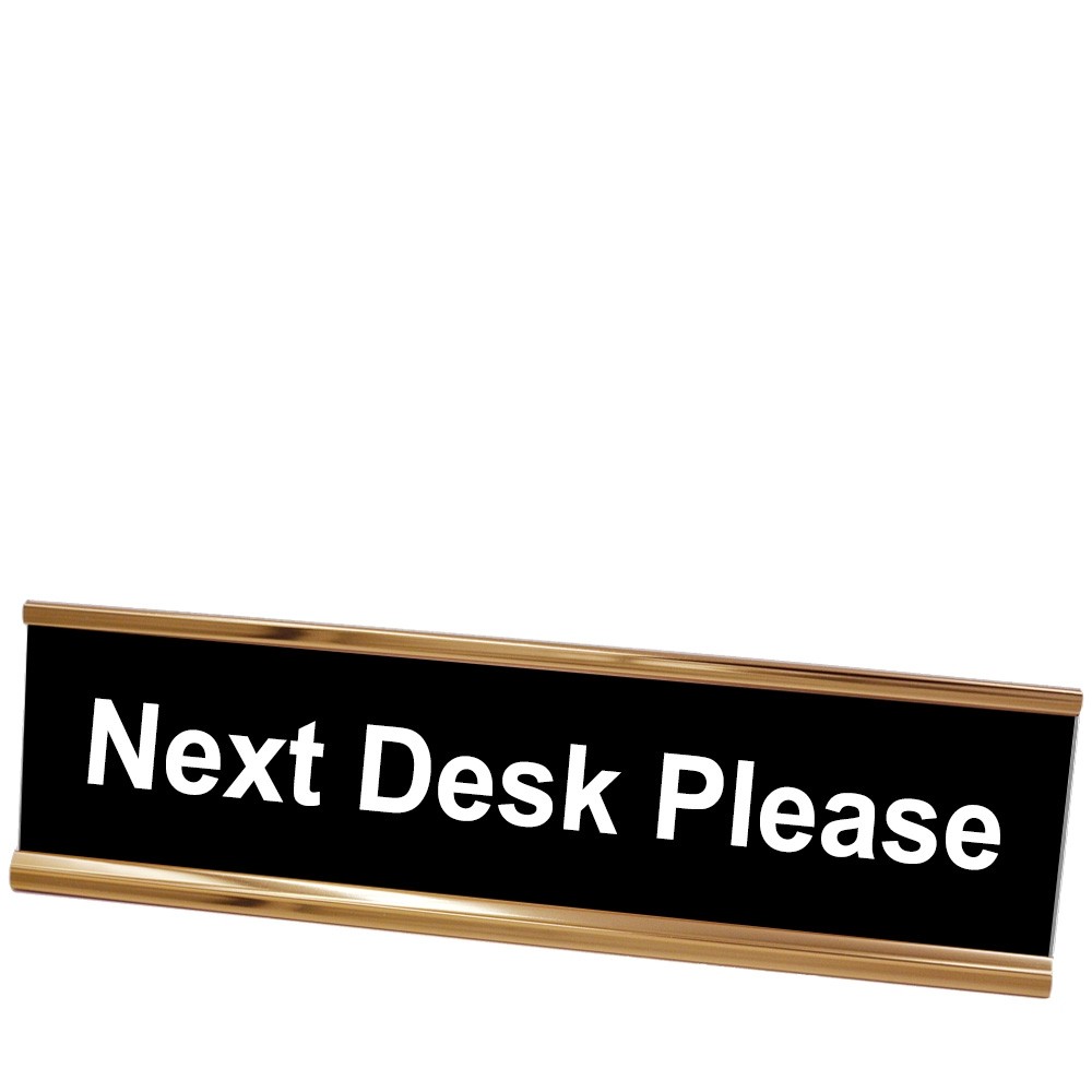 Next Desk Please Desk Plate - Rose Gold Frame - Black w/ White Text - 8W x 2H