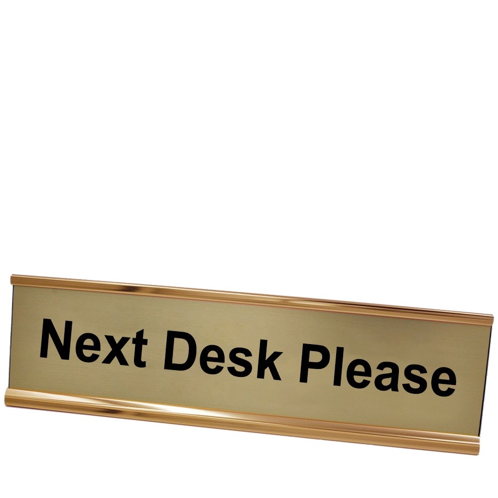 Next Desk Please Desk Plate - Rose Gold Frame - Gold w/ Black Text - 8W x 2H