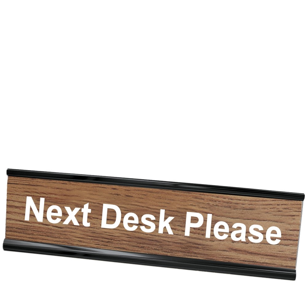 Next Desk Please Desk Plate - Black Frame - Walnut w/ White Text - 8W x 2H