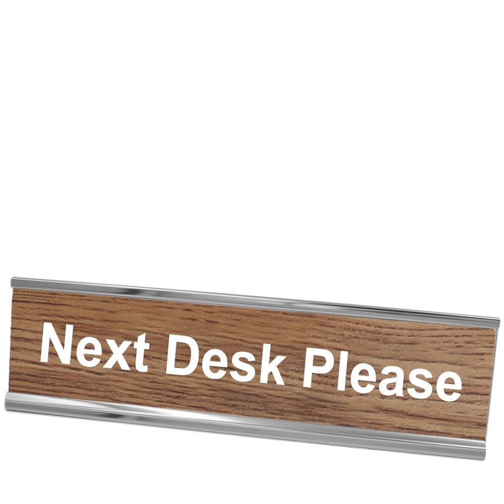 Next Desk Please Desk Plate - Silver Frame - Walnut w/ White Text - 8W x 2H 