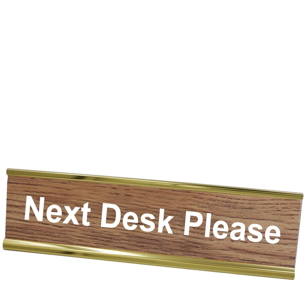 Next Desk Please Desk Plate - Yellow Gold Frame - Walnut w/ White Text - 8W x 2H