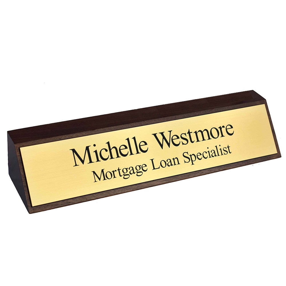 Walnut Desk Block - 10W x 2H - Plastic Plate - Gold w/ Black Letters