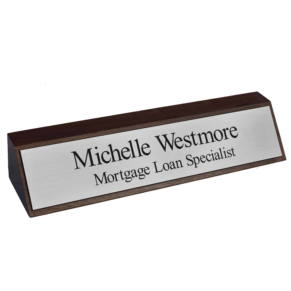 Walnut Desk Block - 10W x 2H - Plastic Plate - Silver w/ Black Letters