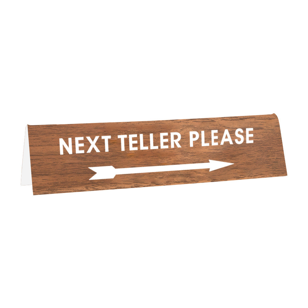Next Teller Sign - Double Sided - 8"W x 2"H - Walnut w/ White Text 