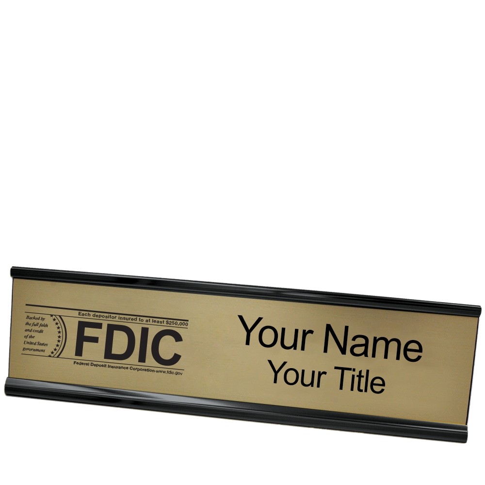 Desk Plate - Name Plate w/ FDIC or NCUA Logo - 10W x 2H - Black with Gold