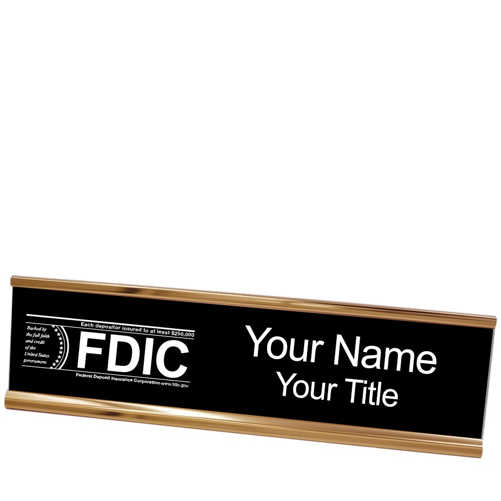 Desk Plate - Name Plate w/ FDIC or NCUA Logo - 10W x 2H - Rose Gold with Black