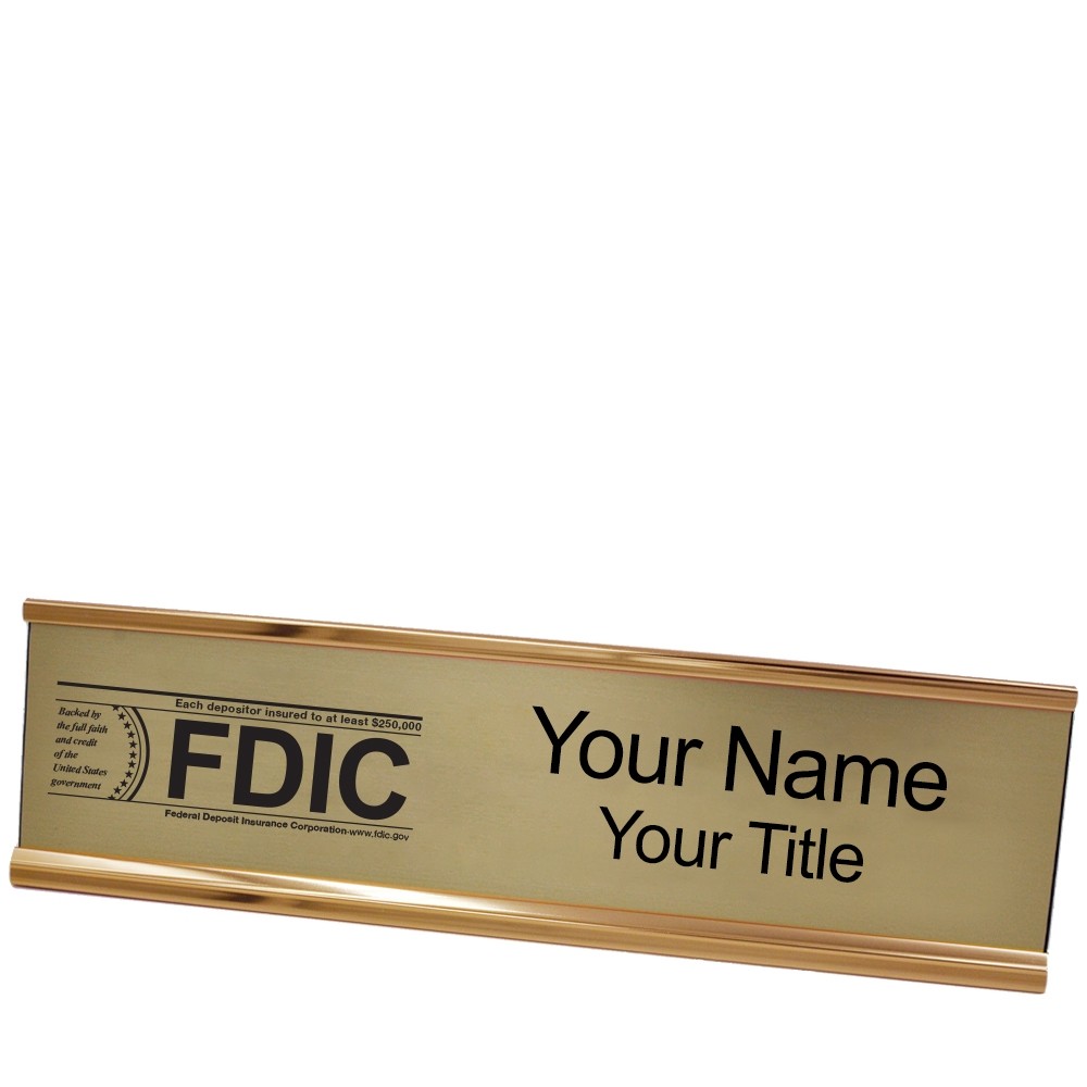 Desk Plate - Name Plate w/ FDIC or NCUA Logo - 10W x 2H - Rose Gold with Gold