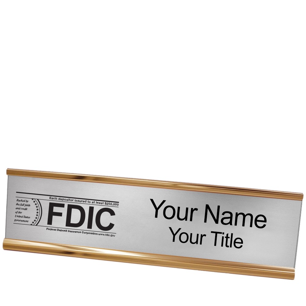 Desk Plate - Name Plate w/ FDIC or NCUA Logo - 10W x 2H - Rose gold with Silver
