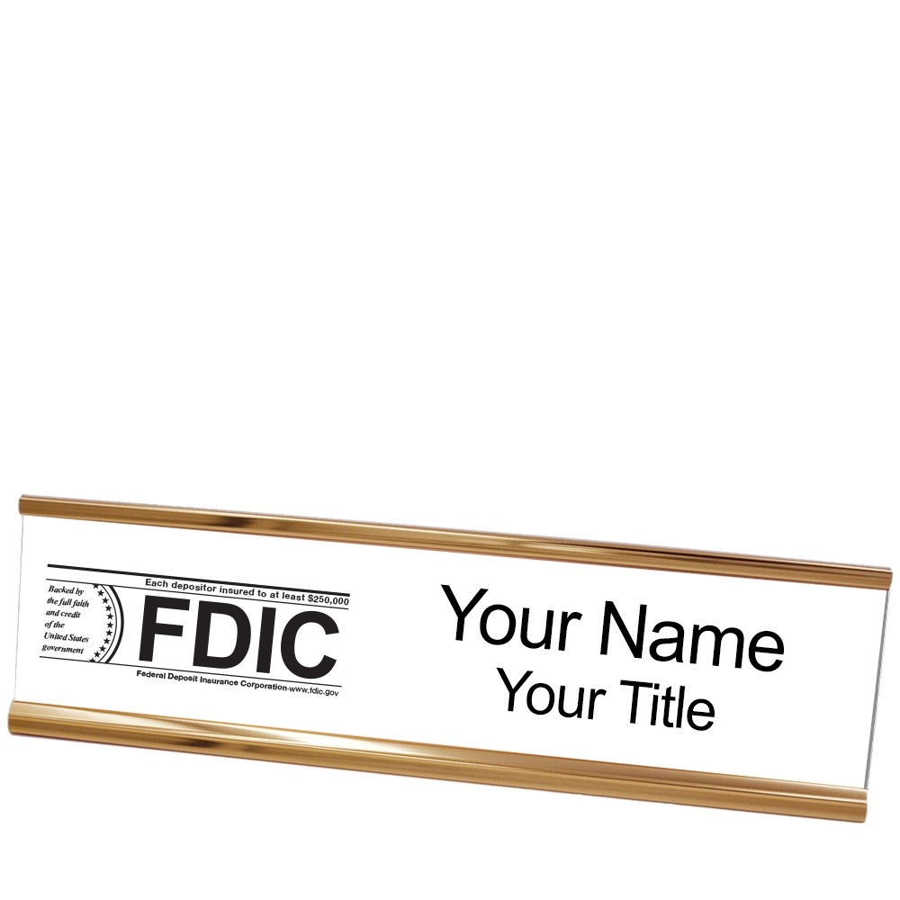 Desk Plate - Name Plate w/ FDIC or NCUA Logo - 10W x 2H - Rose gold with white