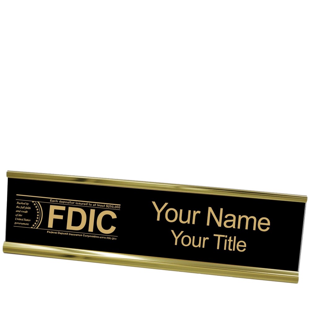 Desk Plate - Name Plate w/ FDIC or NCUA Logo - 10W x 2H - Yellow and Black/Gold