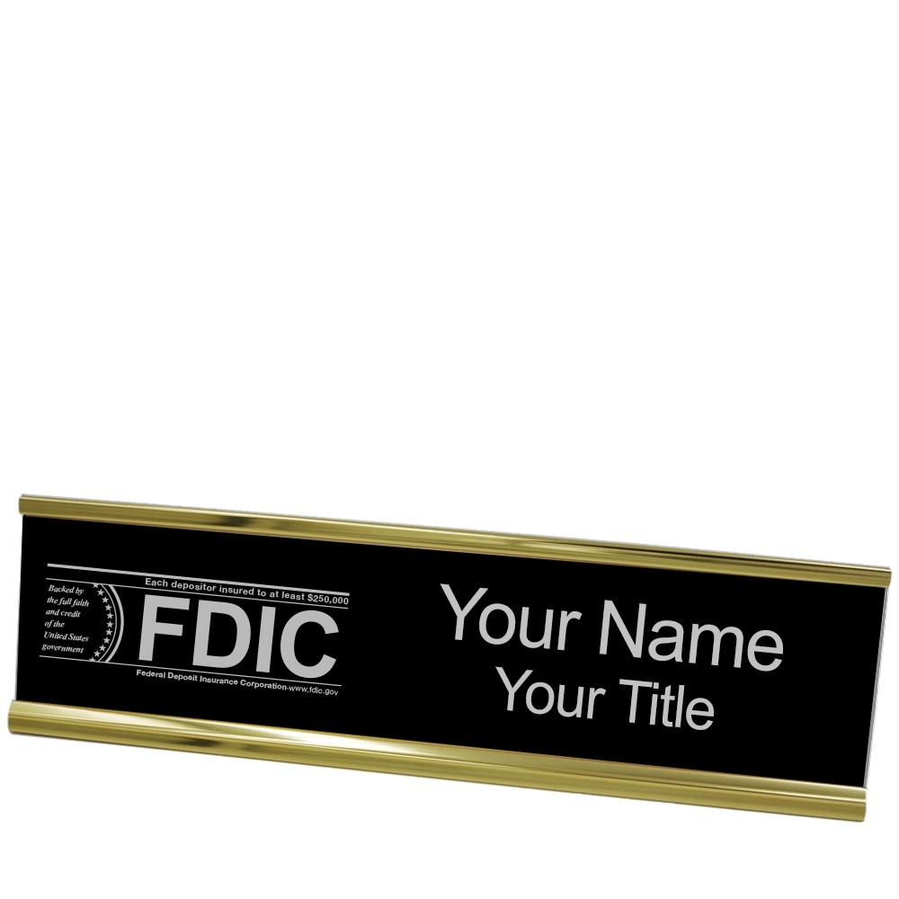Desk Plate - Name Plate w/ FDIC or NCUA Logo - 10W x 2H - Yellow with Black
