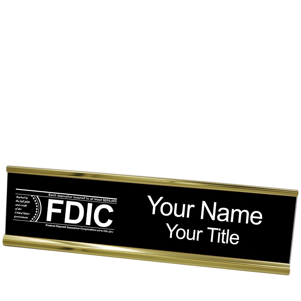 Desk Plate - Name Plate w/ FDIC or NCUA Logo - 10W x 2H - Yellow with Black 