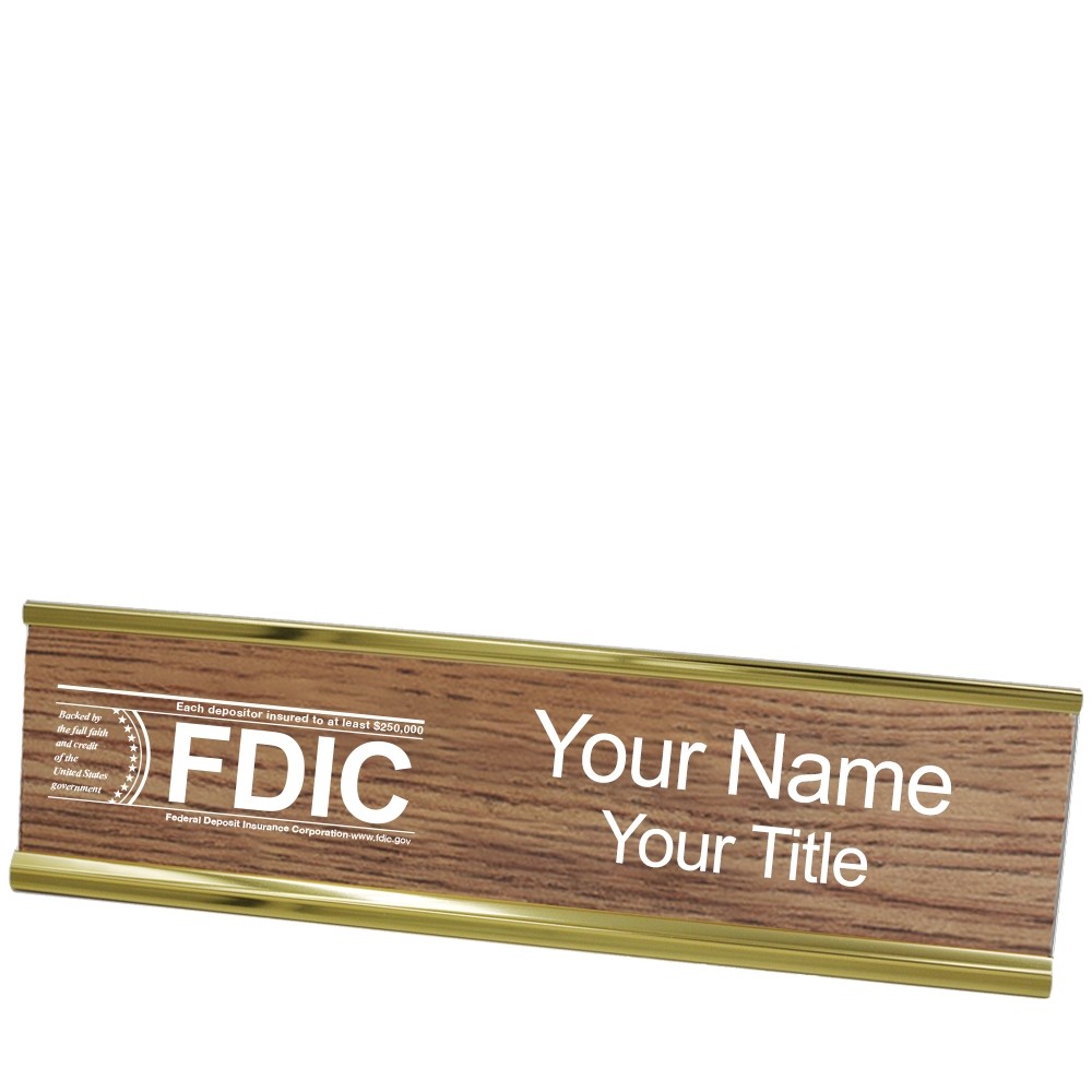 Desk Plate - Name Plate w/ FDIC or NCUA Logo - 10W x 2H - Yellow with Wood
