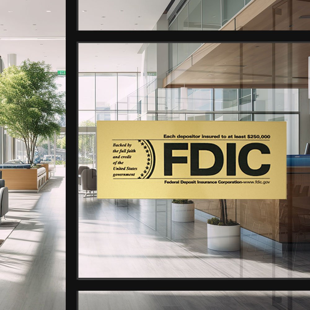  Gold with Black Text FDIC $250000 Inside Decal Shown Displayed on interior Glass
