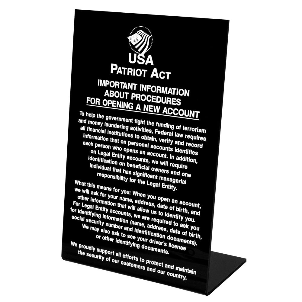 Matte Black Patriot Act (Personal/ Business Account) 6W x 9H Easel Sign 