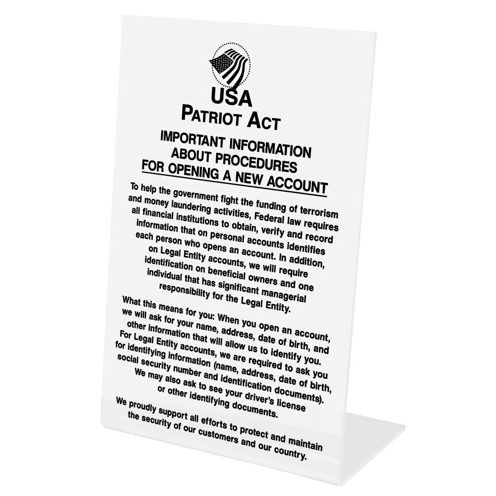 White Patriot Act (Personal/ Business Account) 6W x 9H Easel Sign - Made-to-Order