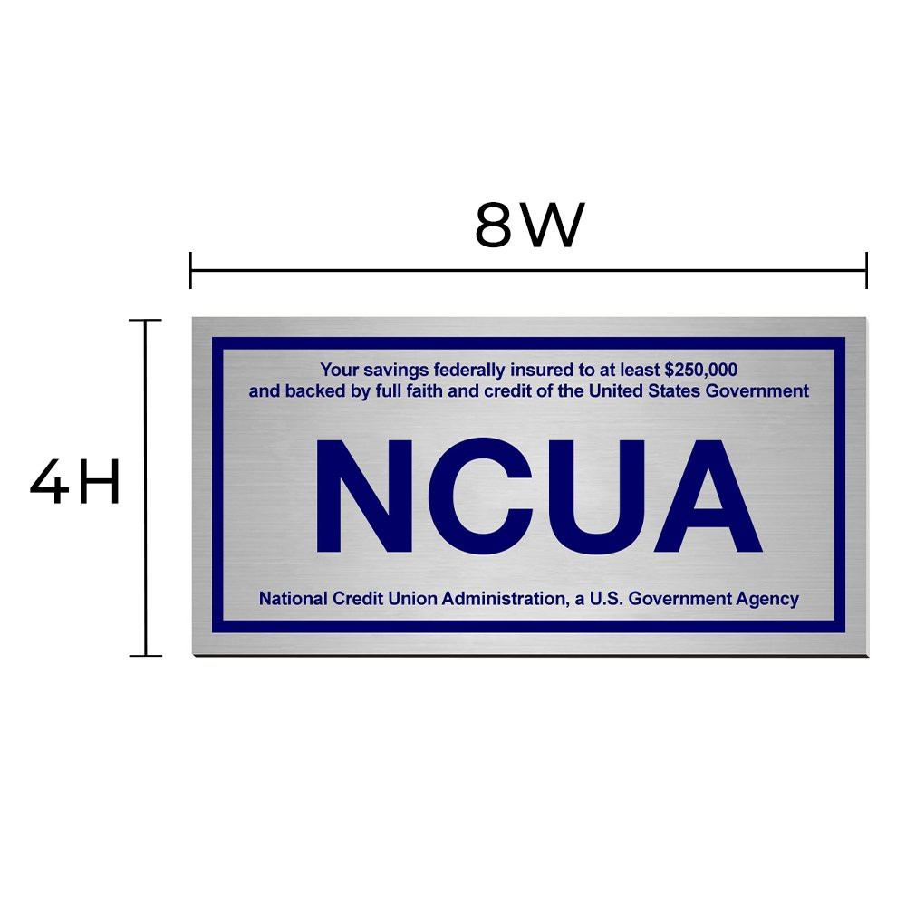 Wall plate NCUA - Silver with blue text - Dimensions: 4h x 8w