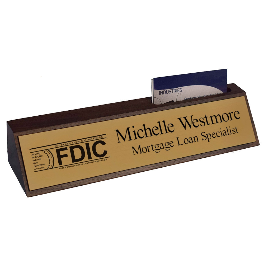 Walnut Desk Block - 10W x 2H - Brass Plate w/ Cardholder & FDIC Logo - Black Lettering Only