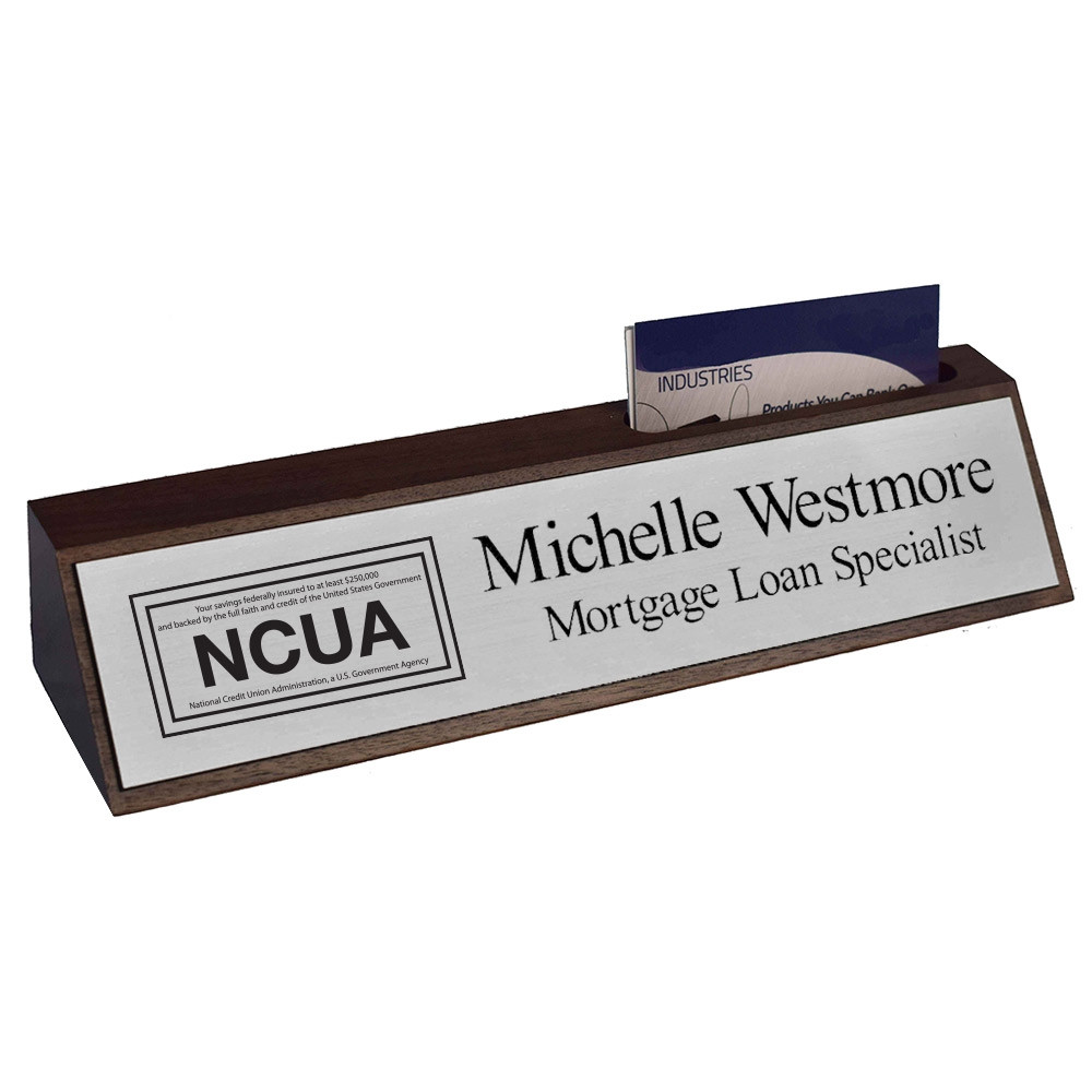 Walnut Desk Block - 10W x 2H - Plastic Plate w/ Cardholder & NCUA Logo - Silver w/ Black Letters