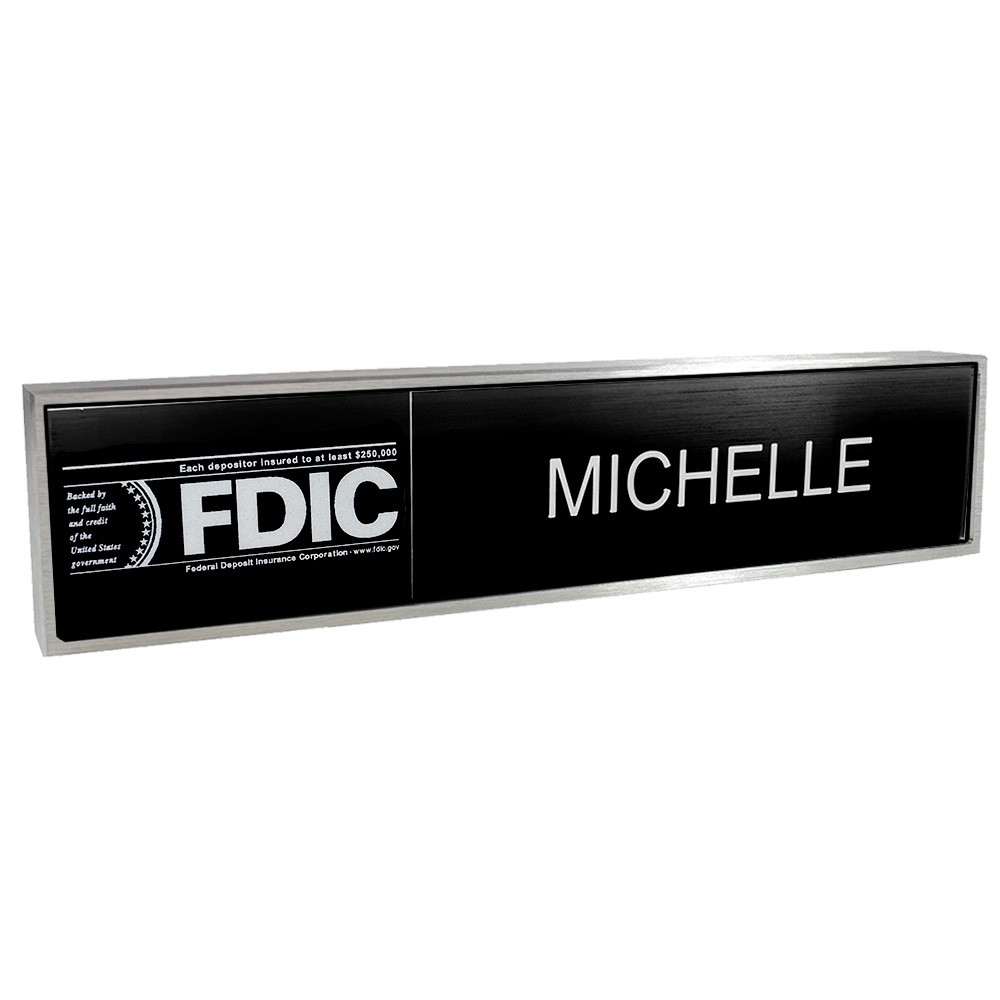 Aluminum Desk Bar - 1/3 FDIC & 2/3 Nameplate - Satin Aluminum - Black Insert w/ White Text