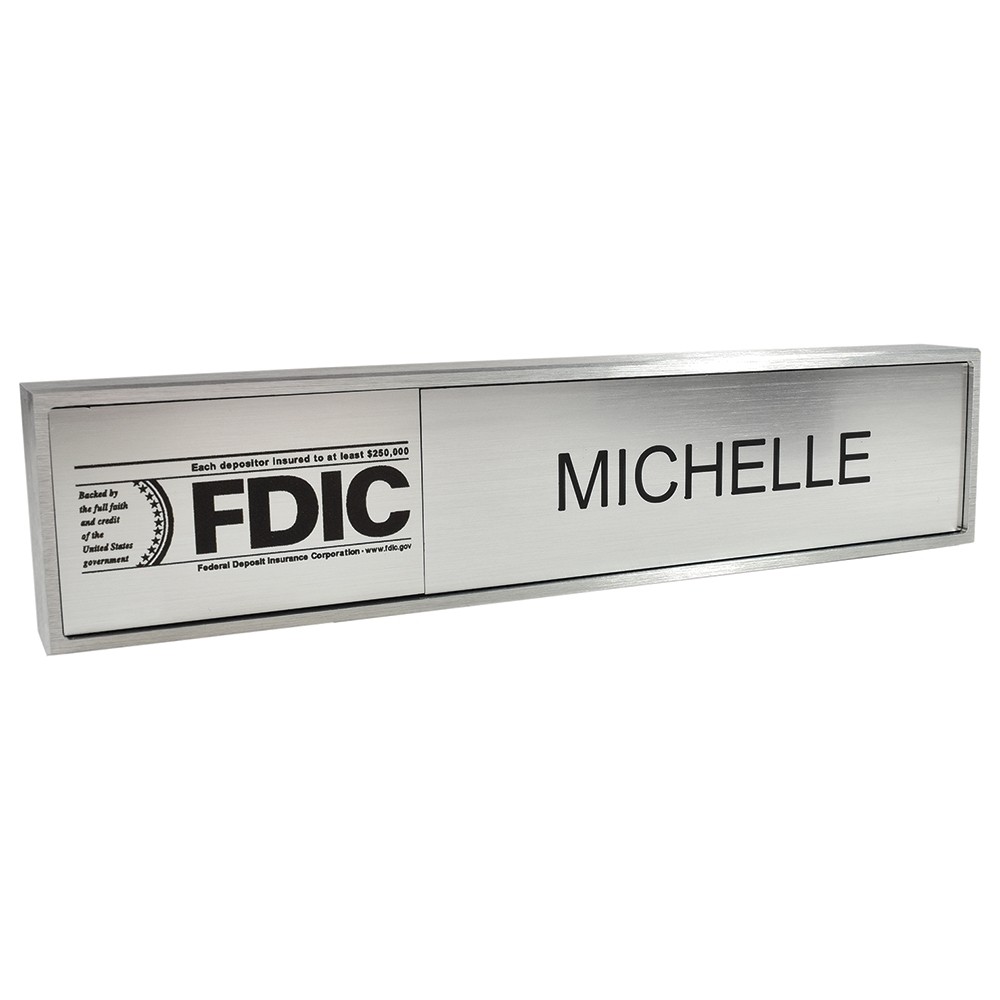 Aluminum Desk Bar - 1/3 FDIC & 2/3 Nameplate - Satin Aluminum - Silver Insert w/ Black Text