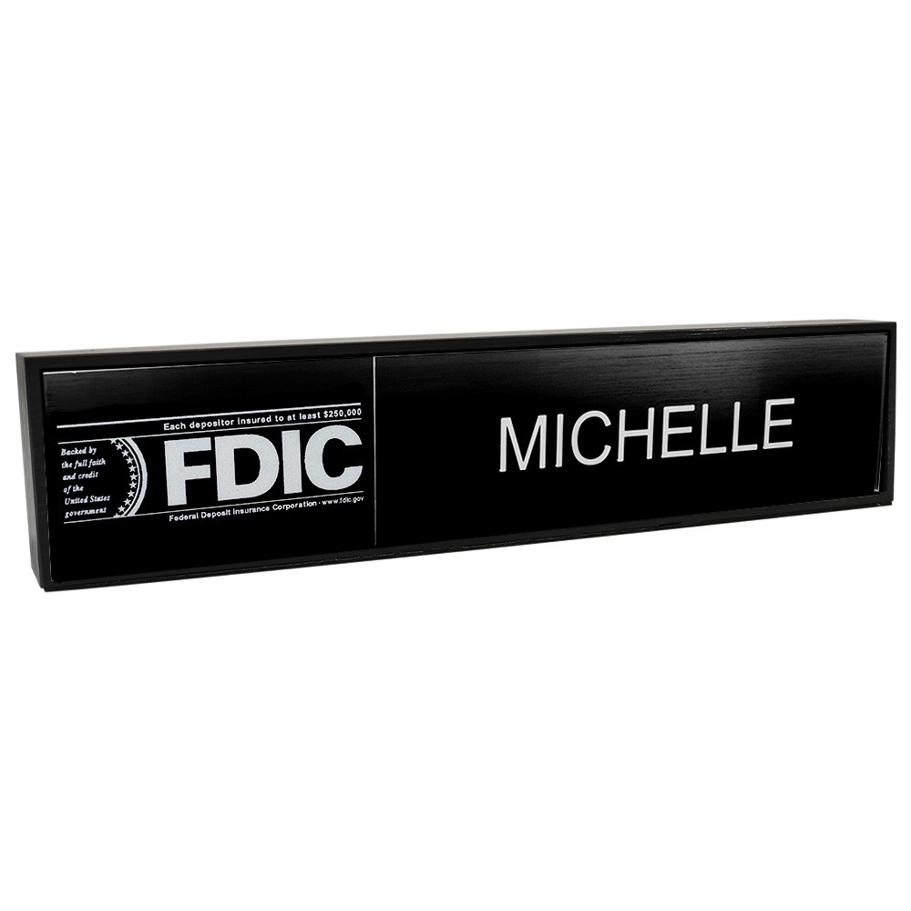 Aluminum Desk Bar - 1/3 FDIC & 2/3 Nameplate - Black - Black Insert w/ White Text