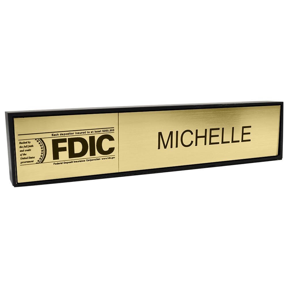 Aluminum Desk Bar - 1/3 FDIC & 2/3 Nameplate - Black - Gold Insert w/ Black Text