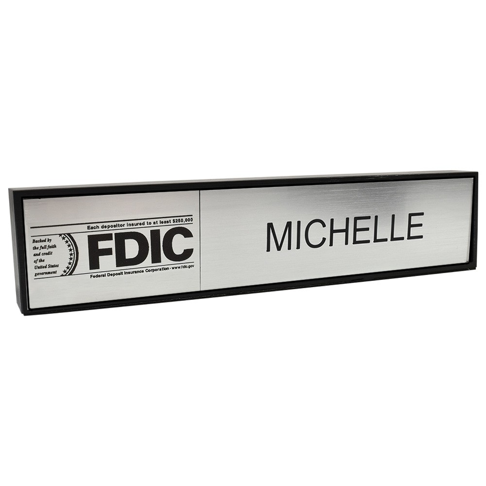 Aluminum Desk Bar - 1/3 FDIC & 2/3 Nameplate - Black - Silver Insert w/ Black Text 