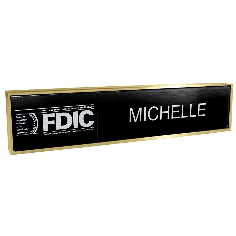 Aluminum Desk Bar - 1/3 FDIC & 2/3 Nameplate - Satin Brass - Black Insert w/ White Text