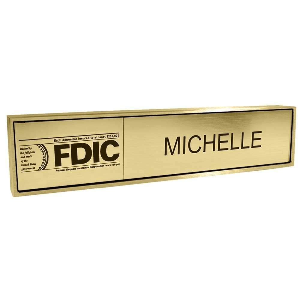 Aluminum Desk Bar - 1/3 FDIC & 2/3 Nameplate - Satin Brass - Gold Insert w/ Black Text