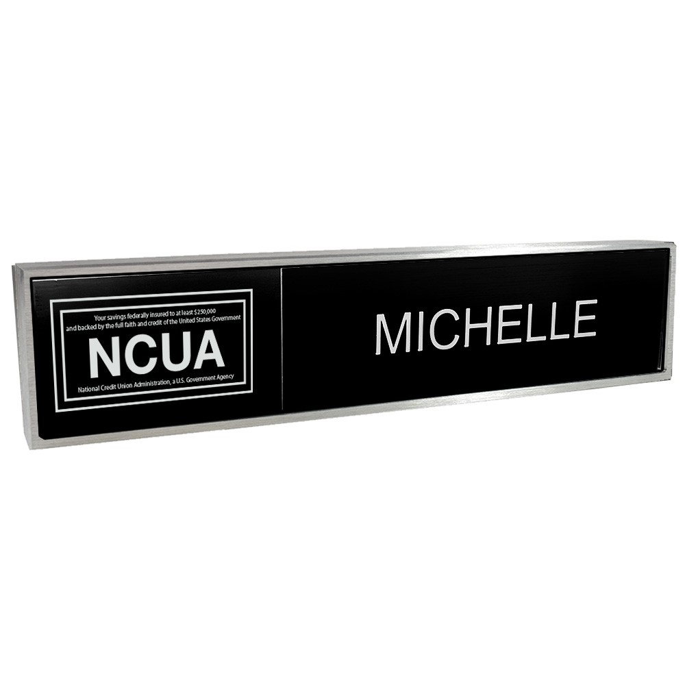 Aluminum Desk Bar - 1/3 NCUA & 2/3 Nameplate - Satin Aluminum - Black Insert w/ White Text