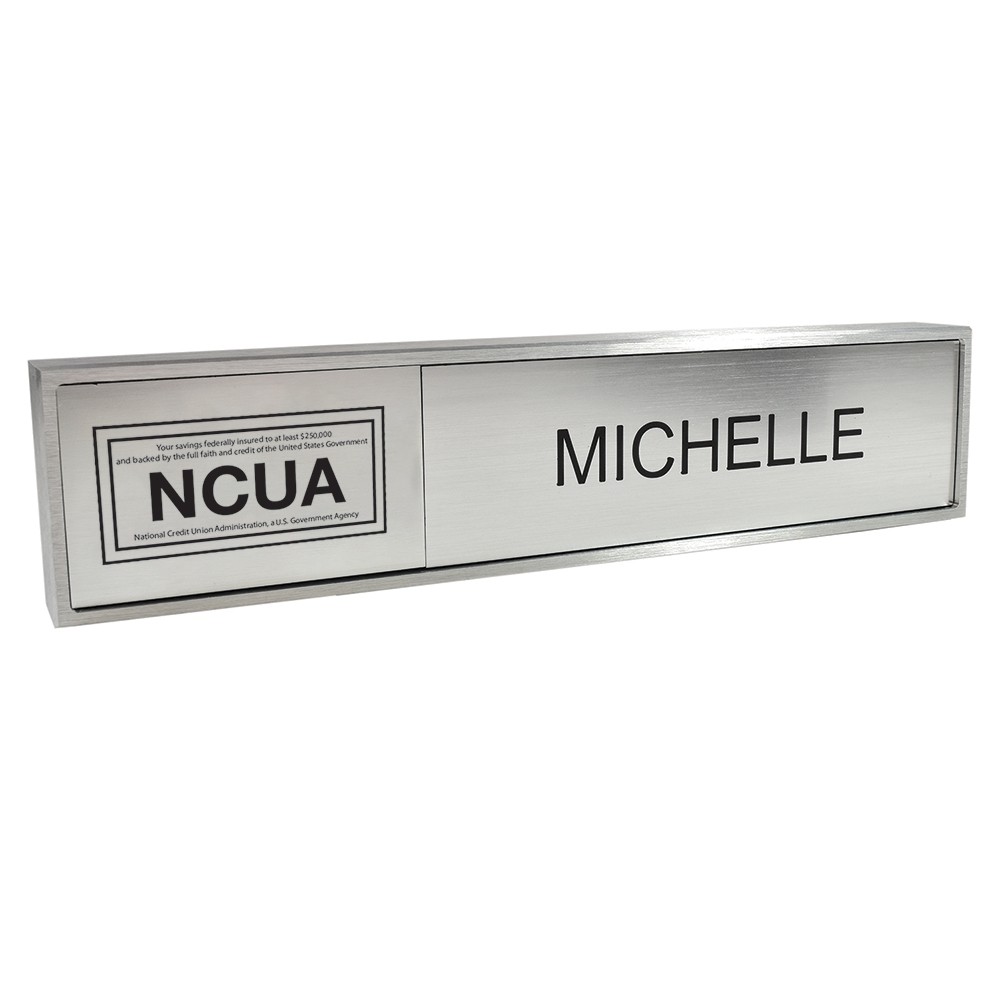 Aluminum Desk Bar - 1/3 NCUA & 2/3 Nameplate - Satin Aluminum - Silver Insert w/ Black Text