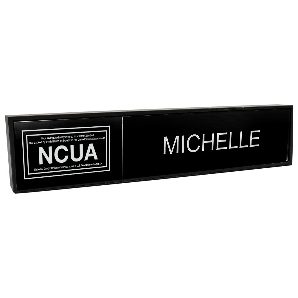 Aluminum Desk Bar - 1/3 NCUA & 2/3 Nameplate - Black - Black Insert w/ White Text