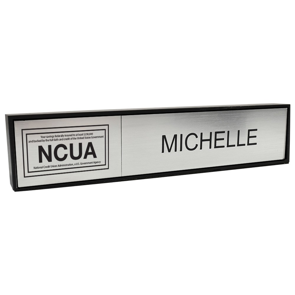 Aluminum Desk Bar - 1/3 NCUA & 2/3 Nameplate - Black - Silver Insert w/ Black Text 