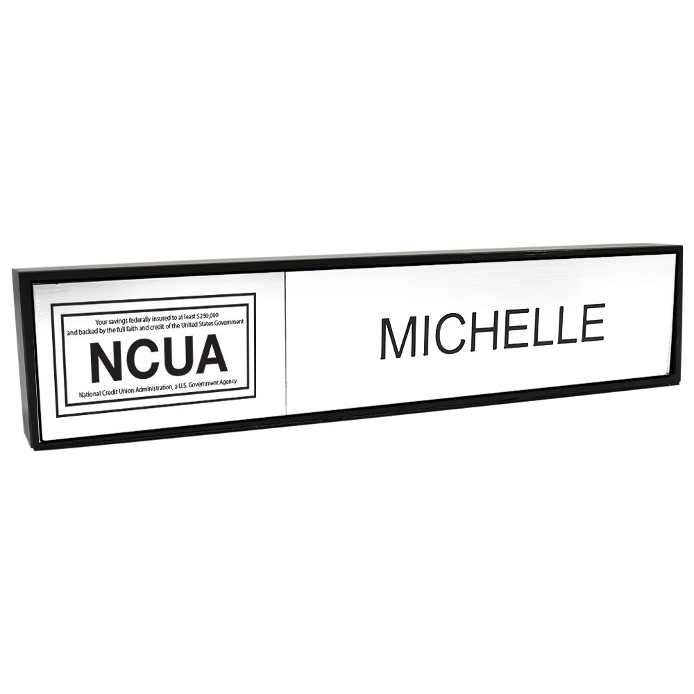 Aluminum Desk Bar - 1/3 NCUA & 2/3 Nameplate - Black - White Insert w/ Black Text